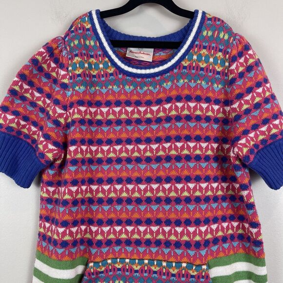 Hanna Andersson Sweater Dress Size 140 US 10 Cotton Knit Pink Blue Green Stripes - Picture 3 of 7